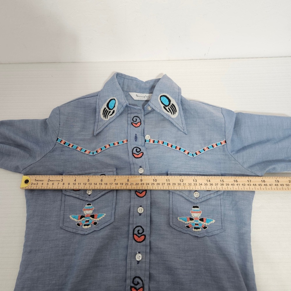 Vtg Wrangler Western Button Shirt Embroidered Kachina Thunderbird chambray READ - Picture 10 of 11